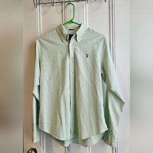 RL Ralph Lauren Size 14 Green & White Striped Classic Fit Button Up Shirt